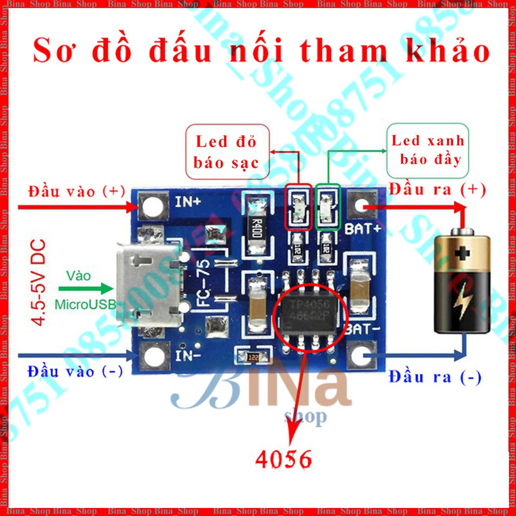 [10 cái] Mạch sạc pin 1S 3.7V-4.2V TP4056/TC4056A bản thường