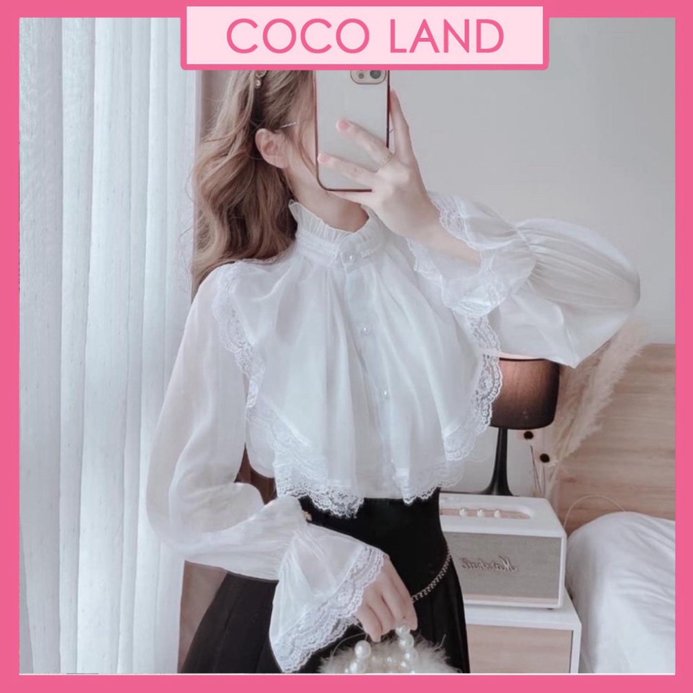 Áo sơ mi babydoll tiểu thư 2 lớp phối ren ulzzang nữ tính, mầu đen, trắng, be, cocoland