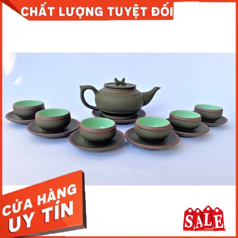 Bộ ấm trà gốm tử sa Bát Tràng dáng Trống Đai xanh chỉ đỏ