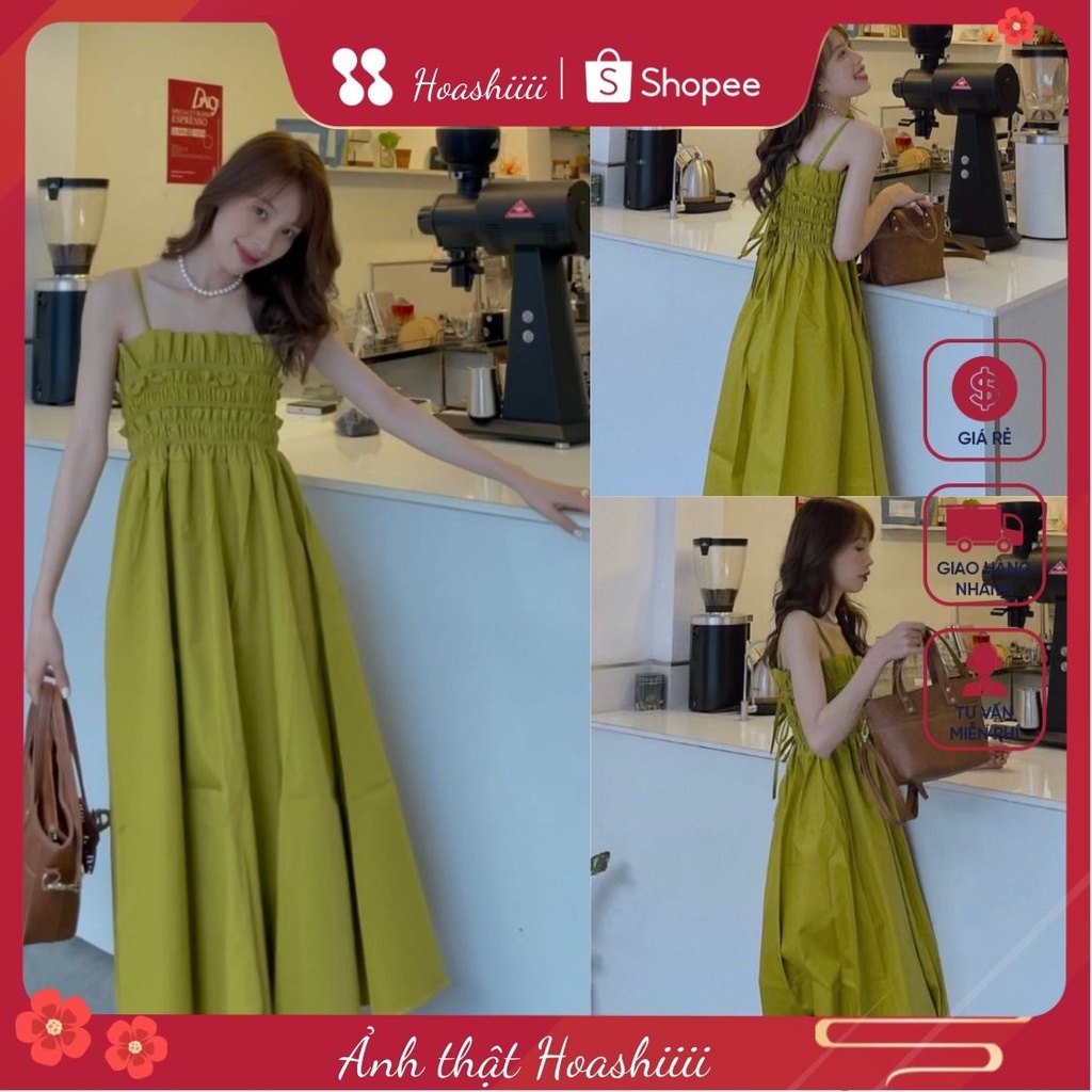 Đầm maxi hai dây chun ngực thắt dây sau lưng dáng dài váy maxi màu xanh hot trend hàng sẵn kèm video siêu xinh
