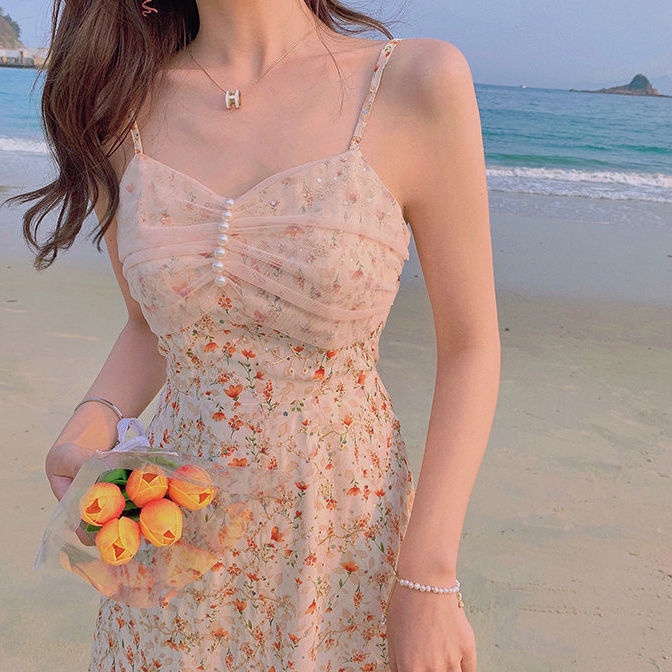 Đầm Đuôi Cá Hai Dây Mỏng Ghép Vải Lưới In Hoa Thời Trang Mùa Hè Pháp Ngọt Ngào Hàng Mới 2022 Dành Cho Bạn Nữ