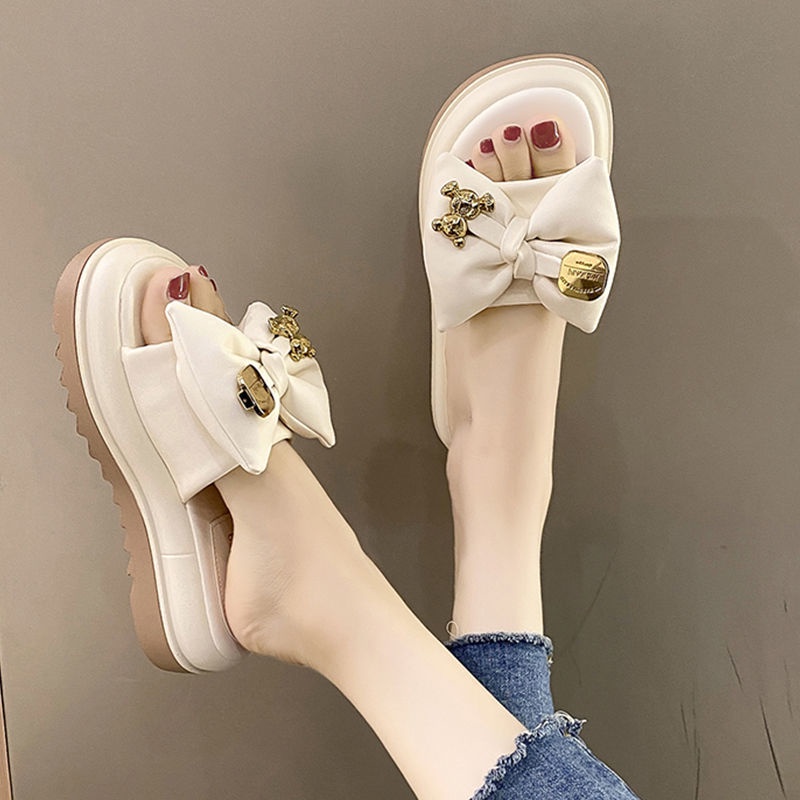 Dép Đế Cao Dày Đính Nơ Và Ngọc Trai Thời Trang Mới