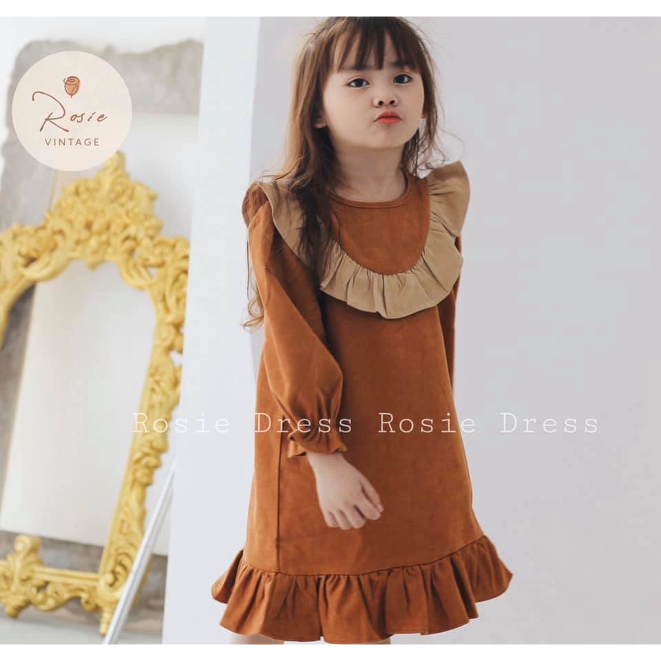 Váy nâu cam viền bèo ROSIE V14 chất nhung mềm mịn, bèo ngực cách điệu cho bé gái từ 9-37kg