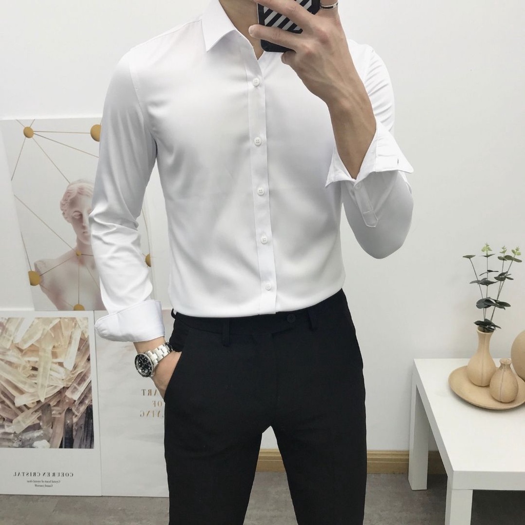 áo nam cao cấp,sơ mi trắng nam dài tay dáng ôm cổ bẻ,vải lụa trơn co giãn không nhăn thời trang công sở Hàn Quốc