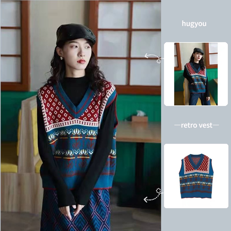 Áo len không tay cổ chữ v form rộng họa tiết hoa phong cách retro Hàn quốc