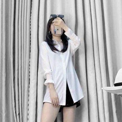 Áo sơ mi nữ đi học form rộng tay dài kiểu dáng hàn màu trắng tay phồng - Sơ mi nữ dài tay bigsize đẹp mặc đi làm công sở