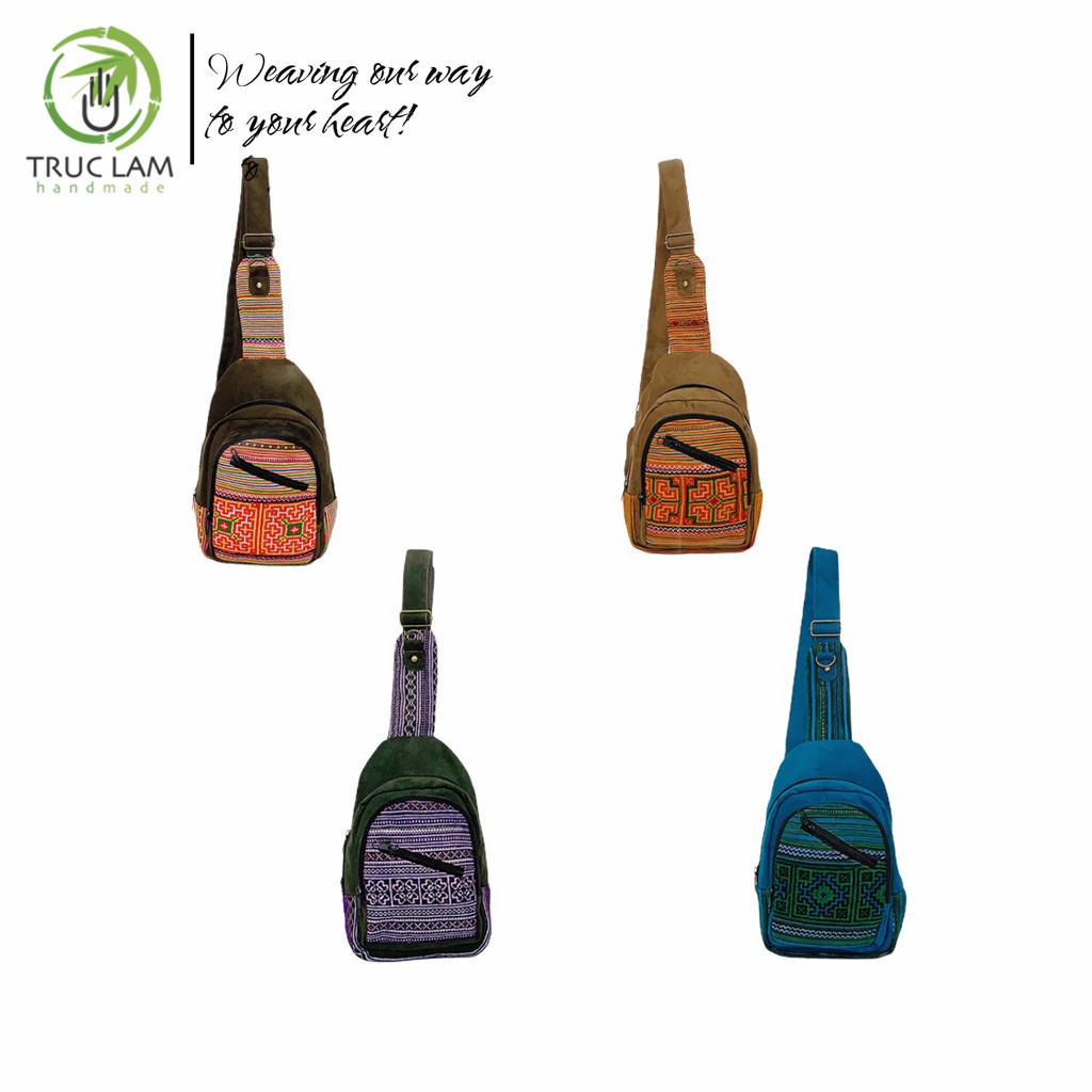 Túi Đeo Chéo Ngực Thời Trang Vải Thổ Cẩm Phối Da Lộn - Trúc Lâm Handmade