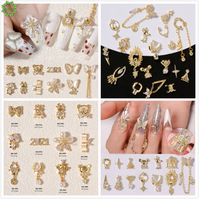 Cod Qipin Korean Charm Gold Plated 3D Zircon Nail Decoration Pendant Chain Pearl Rhinestone DIY Manicure