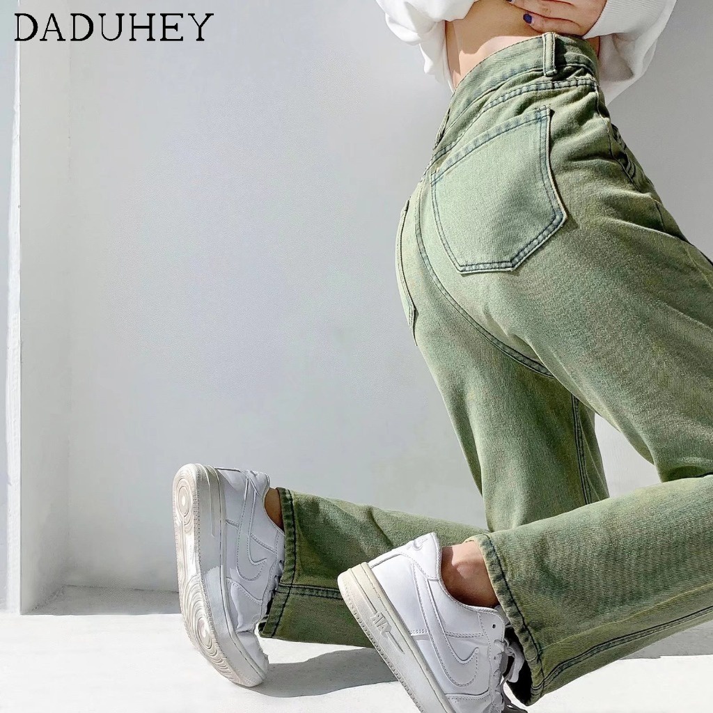 Quần jeans daduhey ống rộng màu xanh lá phong cách Hàn Quốc thời trang mùa hè 2022