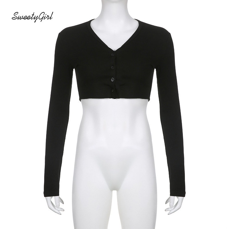 Áo Thun Crop Top Tay Dài Cổ Chữ V Màu Đen Trơn Cài Nút Thời Trang 2022 Quyến Rũ Cho Nữ