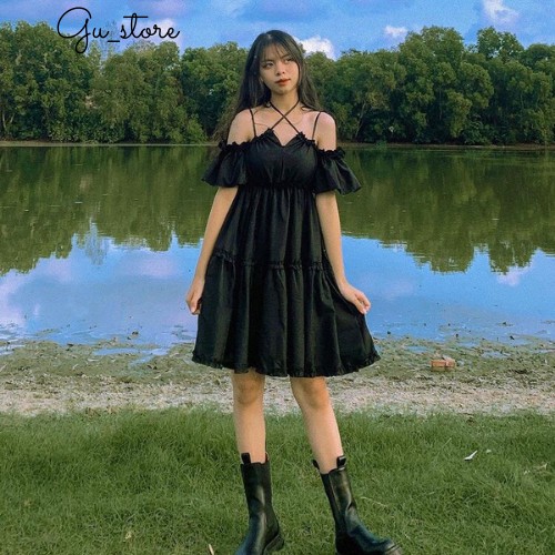 [ Có Ảnh Thật ] Váy Đen Hai Dây Ngực Trễ Vai Buộc Cổ Chất Liệu Đũi Dày Dặn Hot Trend GU Store mã122 | BigBuy360 - bigbuy360.vn