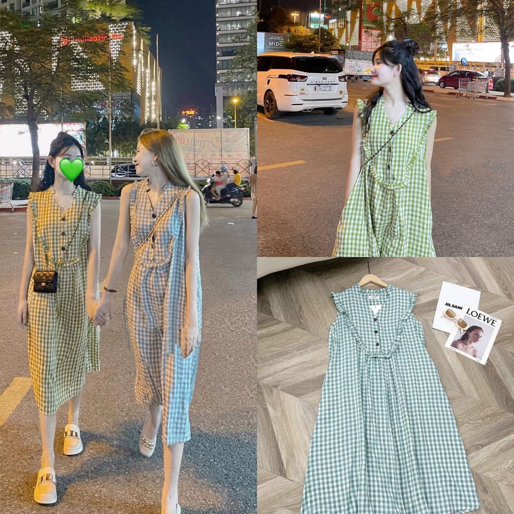 ( Bán sỉ): Váy thô kẻ caro vintage dáng suông cổ bèo cực xinh