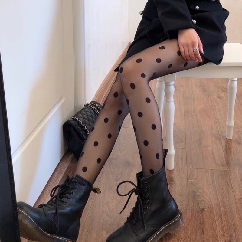 Youyo Quần Tất Lưới Trong Suốt Lụa Co Giãn Họa Tiết Chấm Bi Lớn Vintage Quyến Rũ Cho Nữ