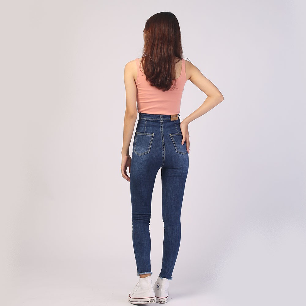 Quần jeans dài nữ co giãn Chollima cạp siêu cao đắp 2 túi tròn QD003 phong cách hàn quốc