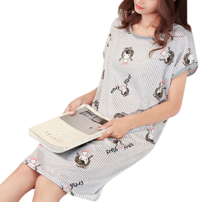 Đầm Ngủ Ngắn Tay Kẻ Sọc In Hình Que Kem Đáng Yêu Cho Nữ