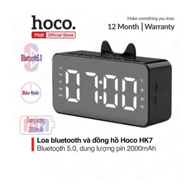 Loa Bluetooth tích hợp đồng hồ báo thức và FM Hoco HK7 dung lượng pin 2000mAh, có đèn LED thông minh tiện ích