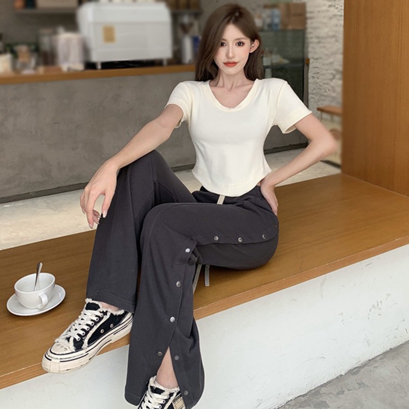 Quần jogger thể thao lưng cao ống rộng màu sắc đơn giản thời trang dành cho nữ