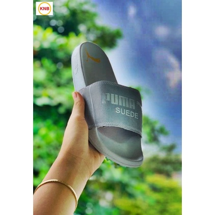 Dép 𝐏𝐔𝐌𝐀 ❤️FREESHIP + Hộp❤️ dép unisex 𝐌𝐋𝐁 quai ngang bóng chày thể thao nam nữ in PUMA da lộn, đế IP bền full xám