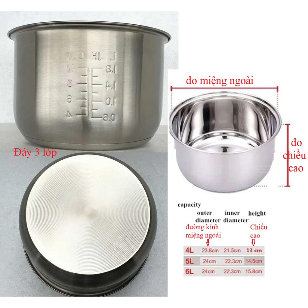 Lòng nồi áp suất Inox 6lit - Ruột nồi áp suất Inox 6L cho nồi áp suất điện 6lít - 1000w lắp lẫn