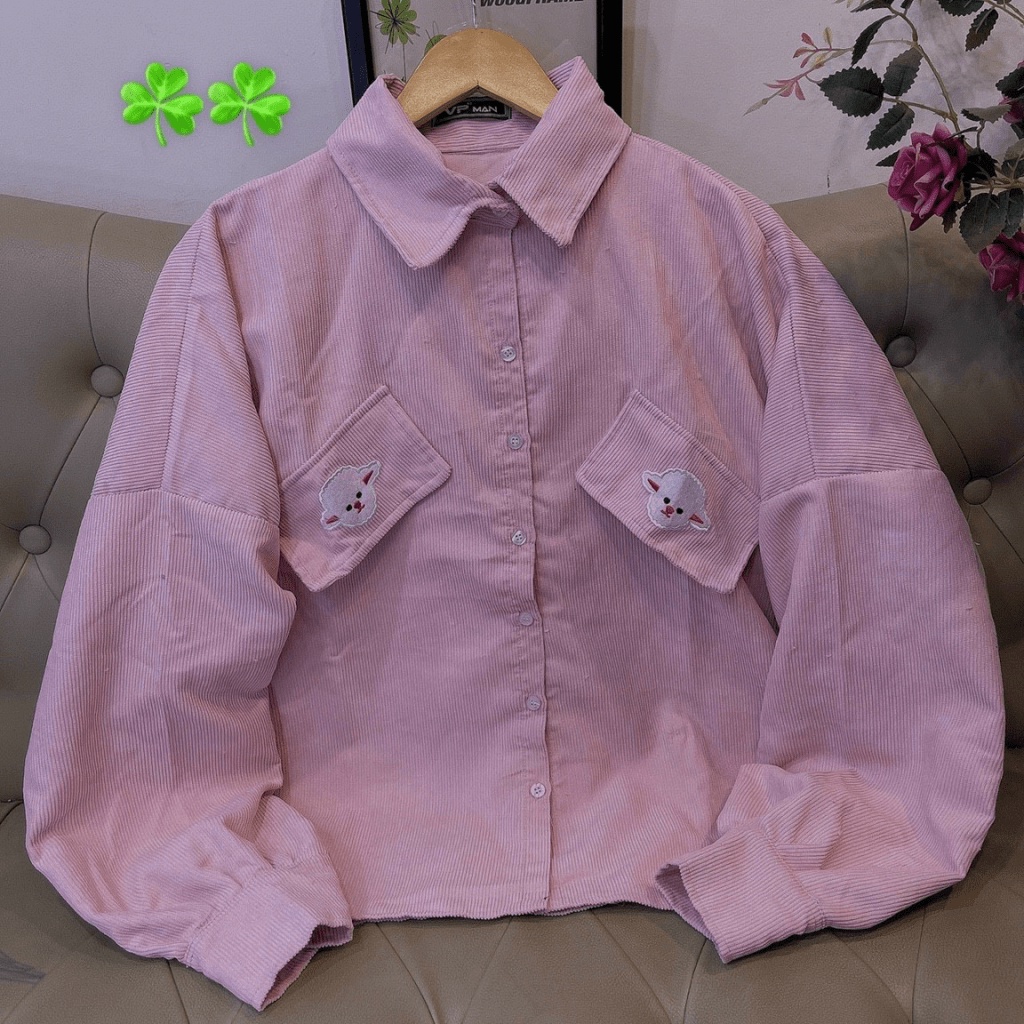 Áo Khoác Sơ Mi, Chất Liệu Nhung Cao Cấp  2 Túi Giả Thêu Bé Gấu Xinh Xinh  TP024 [NewUnisex]