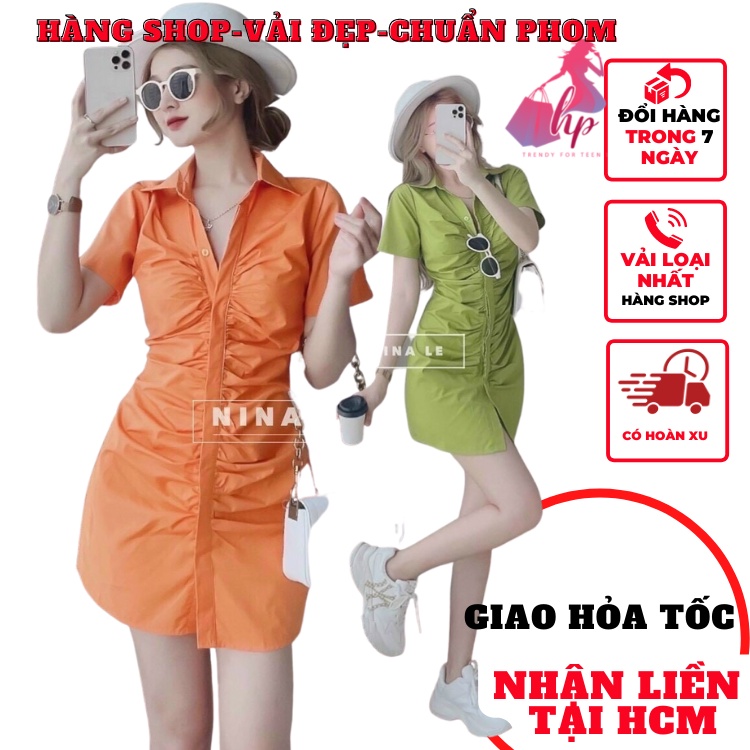 Váy đầm cổ sơ mi polo nữ dáng dài xuông cài cúc tay ngắn màu xanh bơ cam phong cách dự tiệc sang chảnh VD225
