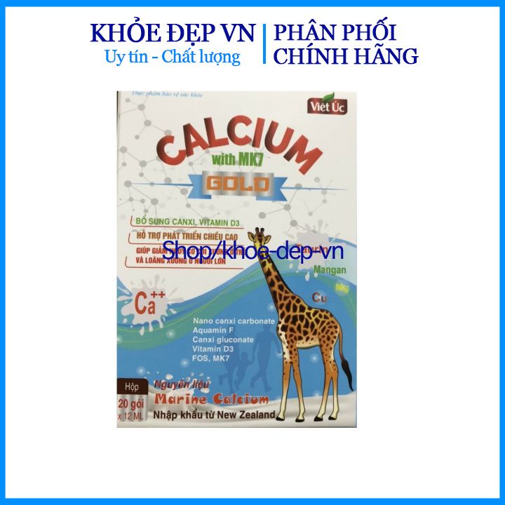 Canxi sữa Calcium with Mk7 Gold tăng chiều cao, chắc khỏe xương cho bé giúp bé ăn ngon ngủ ngon – Hộp 20 gói