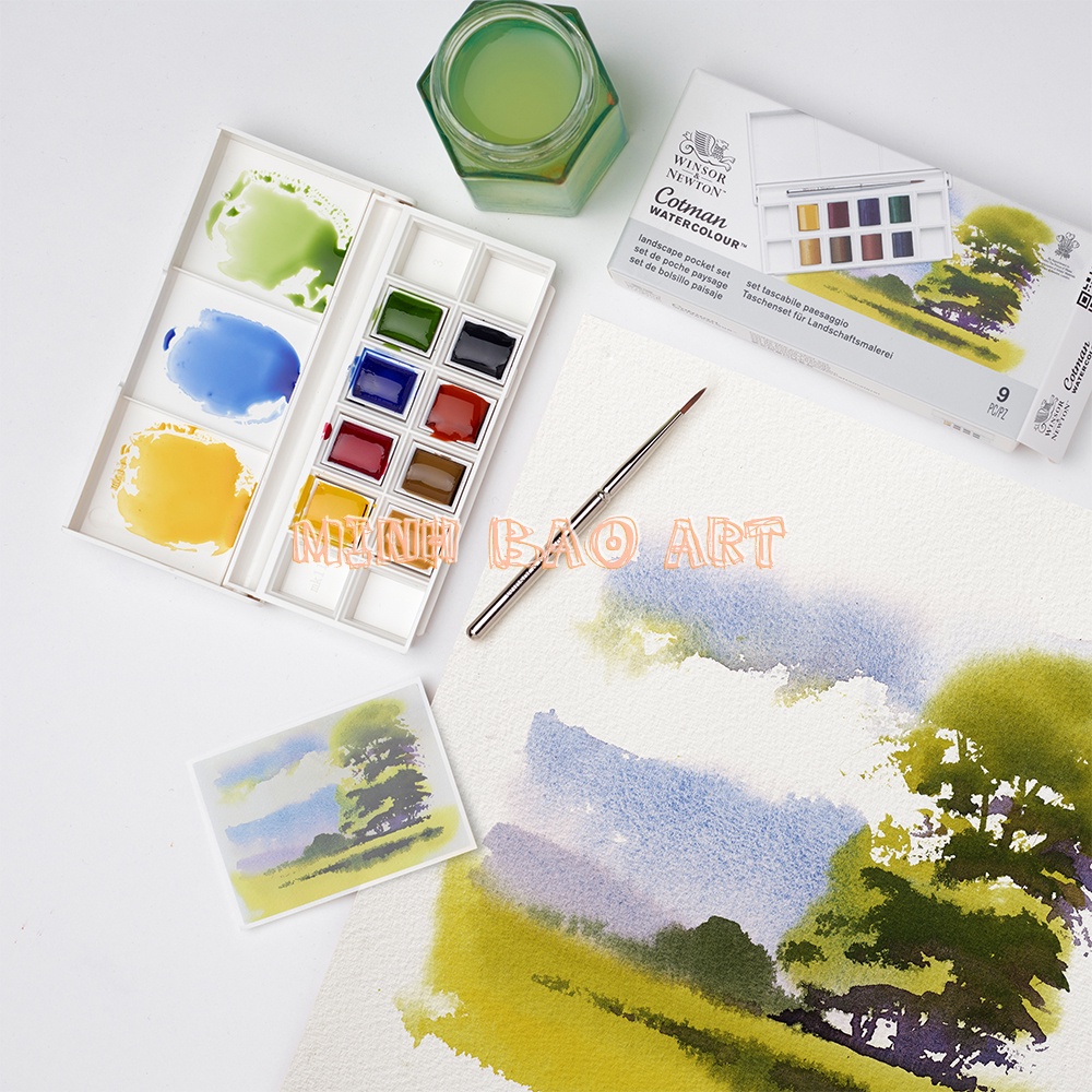 MÀU NƯỚC CAO CẤP AQUARELLE COTMAN WINSOR &amp; NEWTON (HỘP NHỰA GỒM 8 MÀU, 1 CỌ)