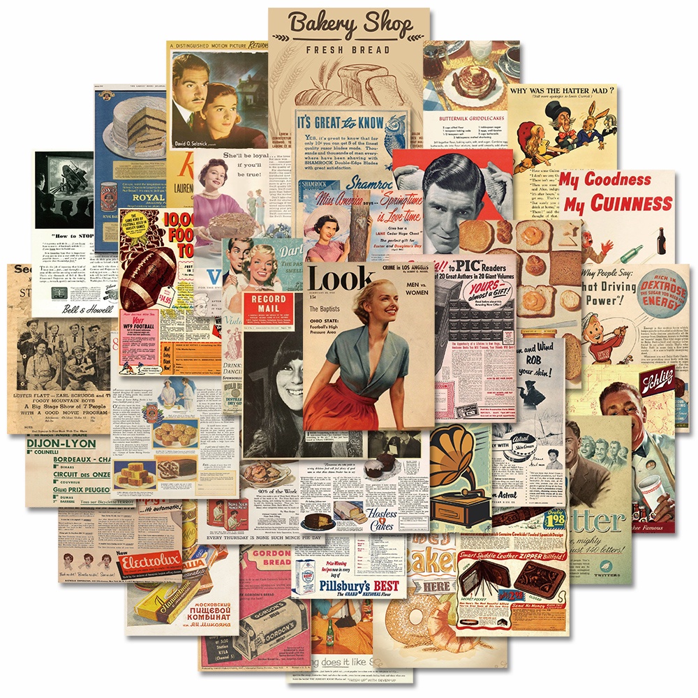 Bộ 50 miếng dán trang trí chống thấm nước phong cách retro sticker