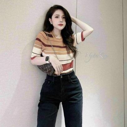 Áo len kẻ phối màu dáng ôm cổ tròn, Áo kiểu ngắn tay co giãn MH1283 - THaoVan Shop