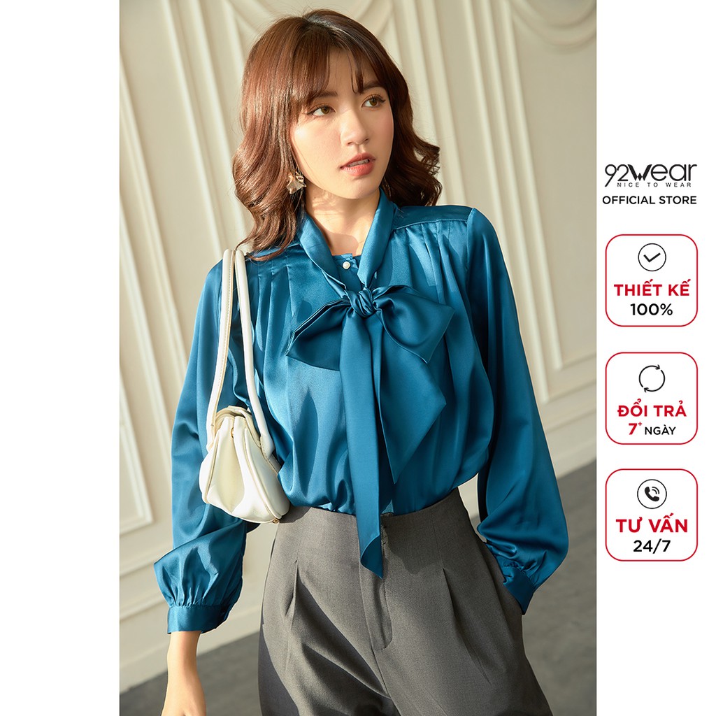 Áo sơ mi nữ form rộng 92WEAR dài tay cổ nơ công sở thanh lịch 92WEAR ASW1151