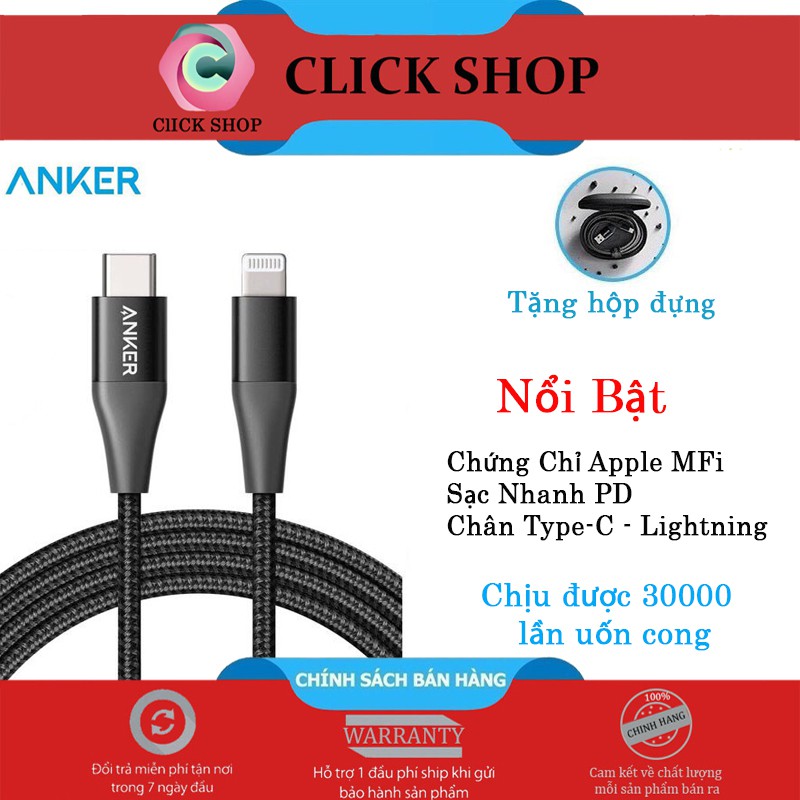 Anker A8653 dây sạc nhanh anker A8653 PowerLine+ II Lightning to USB-C tặng kèm túi đựng chuyên dụng