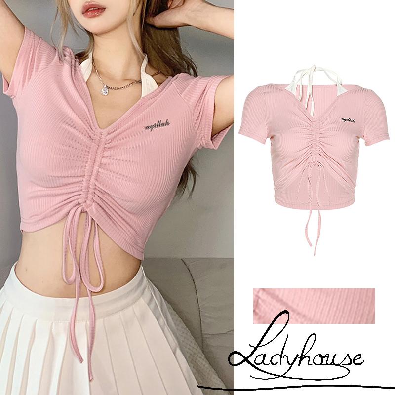 Áo Thun Crop Top Cổ Chữ V Tay Ngắn Dây Rút In Họa Tiết Chữ Dành Cho Nữ