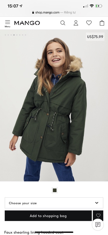 Áo Parka Bé Gái Xanh Khaki Lót Cừu MG