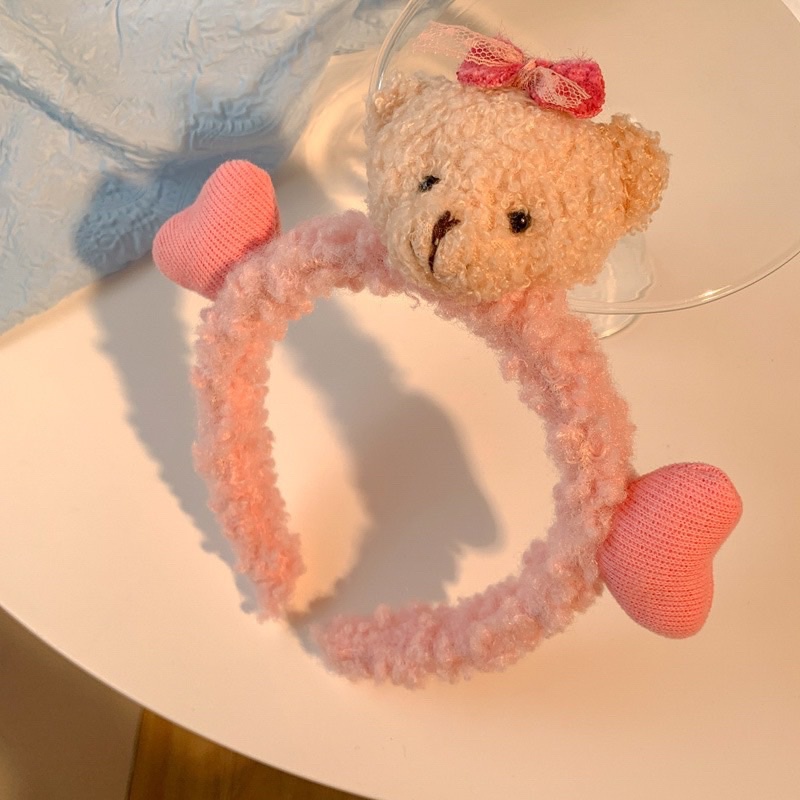 Bờm cài tóc con gấu trái tim hồng lông xù dễ thương cute phong cách Hàn Quốc