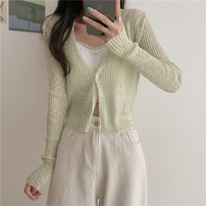 Áo len mỏng kiểu nữ cardigan Hàn Quốc Áo cardigan nữ dài tay khoác ngoài form rộng cổ V Thời trang