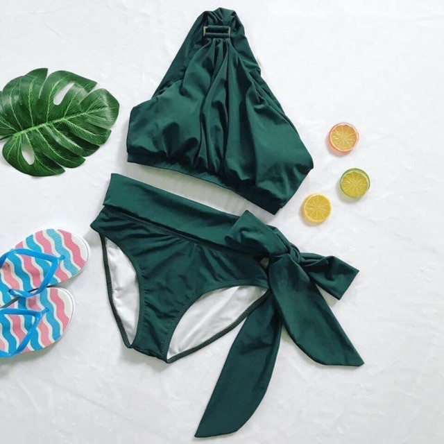 Bikini bộ bơi áo lệch vai phối khoen vuông quần nơ dài phong cách Hy Lạp - EVA 2MHL