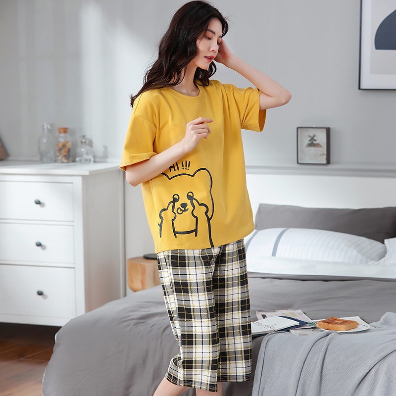 Bộ cotton mặc nhà Quảng Châu cao cấp cộc tay quần lửng co giãn 4 chiều màu sắc tươi sáng