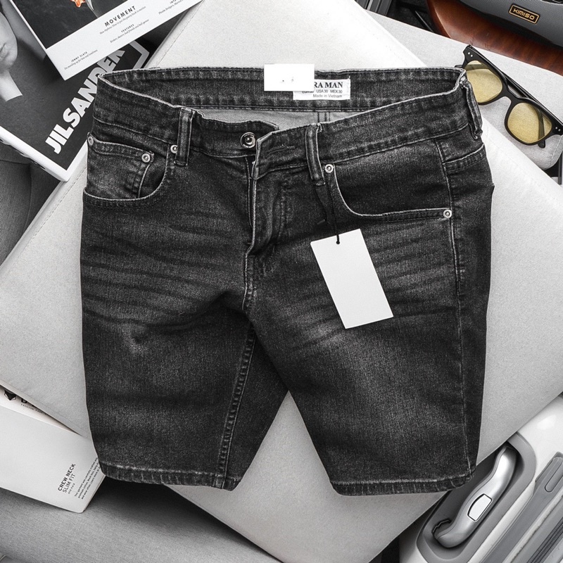 Quần short jean nam màu xám đen lửng slimfit co giãn suông