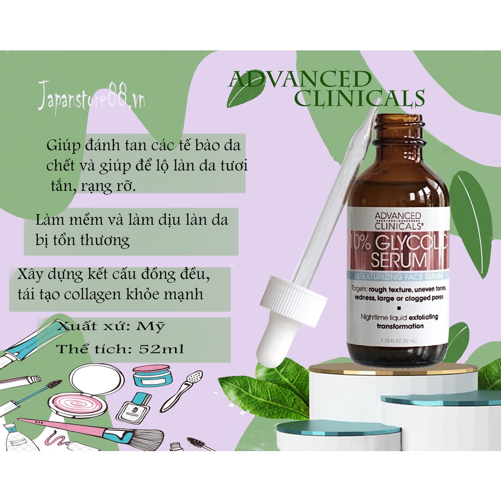 10% Glycolic Serum Advanced Clinicals  tẩy tế bào chết ban đêm tái tạo da thu nhỏ lỗ chân lông và làm đều màu da