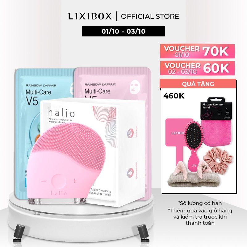 Combo Máy Rửa Mặt Halio Original và 3 Mặt nạ dưỡng da Lixibox - Aloe (23gr/mặt nạ)