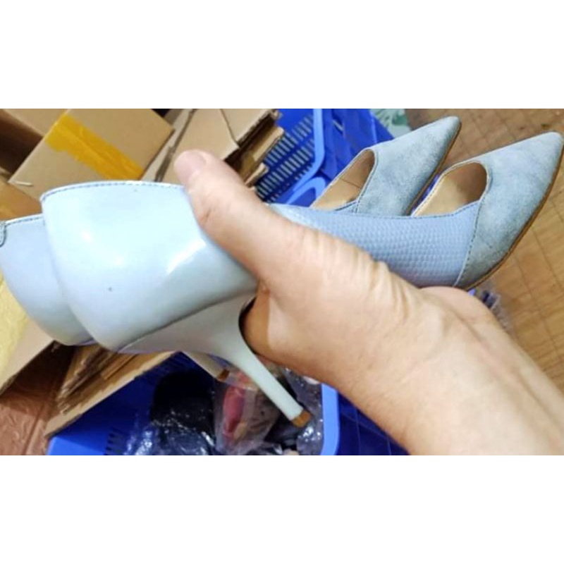 Giày cao gót xuất Âu da lộn phối da bóng 6cm hồng pastel, xanh pastel, xám size 37-38