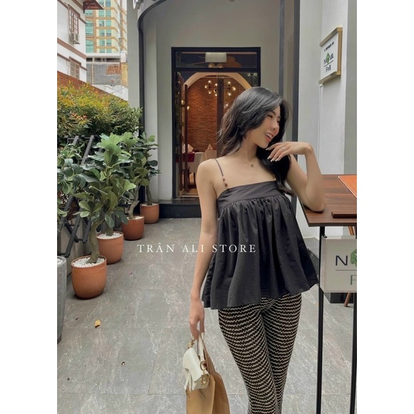 Set Bộ Áo Dây Voan Thắt Nơ Lưng Kèm Quần Dài Ống Loe Sọc alohashop91