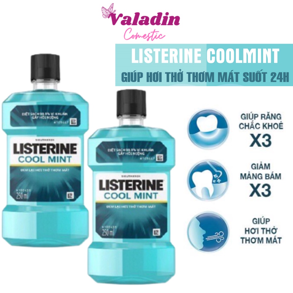 Nước súc miệng LISTERINE Cool Mint Mountwash 250ml Diệt Khuẩn Giữ Hơi Thở Thơm Mát