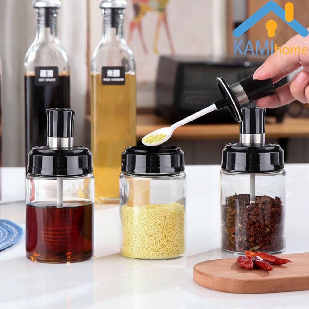 Lọ đựng gia vị hũ thủy tinh có thìa xúc tiện lợi nắp xoáy giăng chống tràn nước hình Tròn KM20082