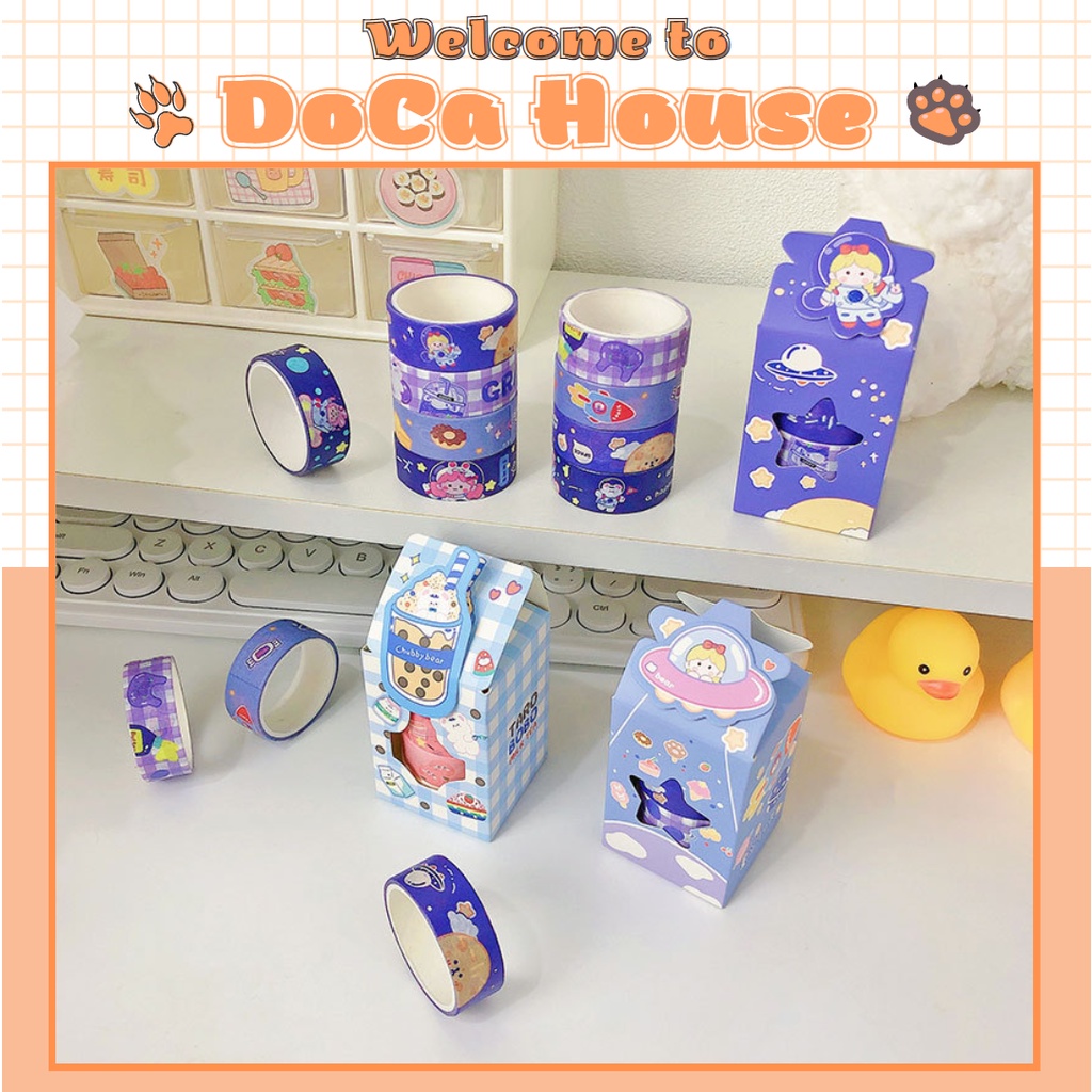 Hộp 4 cuộn washi tape DOCA, băng dính giấy, băng keo dán trang trí sổ tay nhiều chủ đề đáng yêu