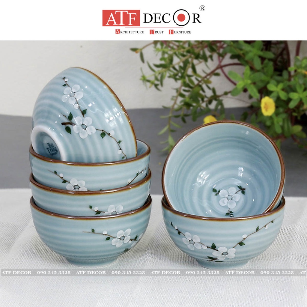 Bộ 6 bát ăn, bát cơm sứ men lam ngọc Bát Tràng cao cấp vẽ đào trắng - ATF Decor