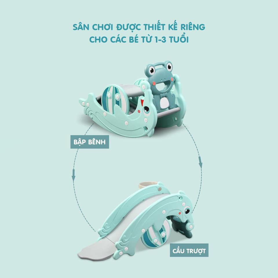 Cầu trượt trẻ em  𝑭𝒓𝒆𝒆𝒔𝒉𝒊𝒑  Đồ chơi cầu trượt 3in1 Cá Heo 9BABY MÀU XANH, biến hình bập bênh và cột bóng rổ