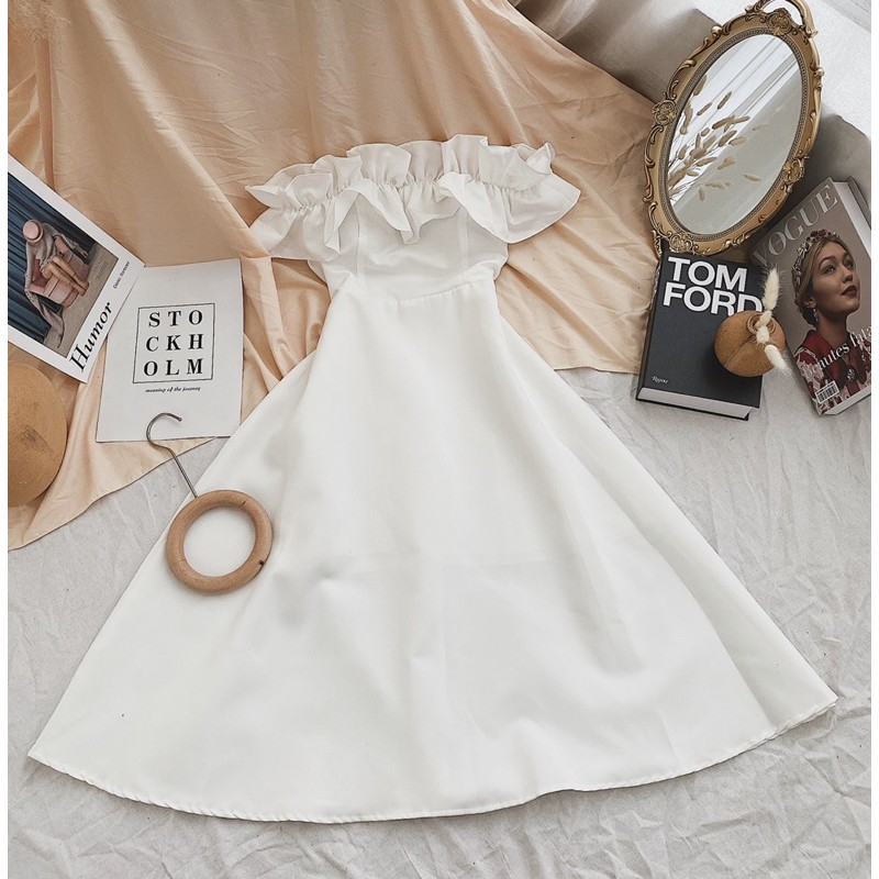 [Mã SKAMSALEP6 giảm 10% tối đa 100K đơn 150K] ĐẦM MIDI TRẮNG TRỄ VAI BÈO NGỰC | BigBuy360 - bigbuy360.vn