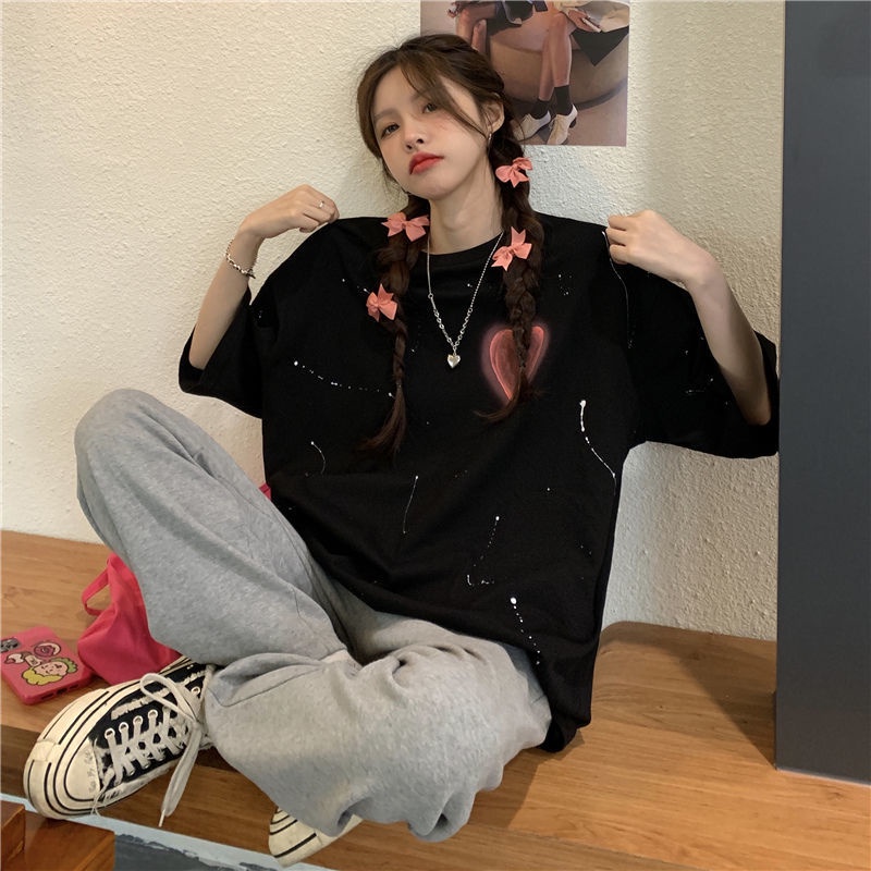 Áo Thun Cotton Ngắn Tay Dáng Rộng In Trái Tim Phối Màu Nhuộm Thời Trang Mùa Hè Hàn Quốc Cho Nữ