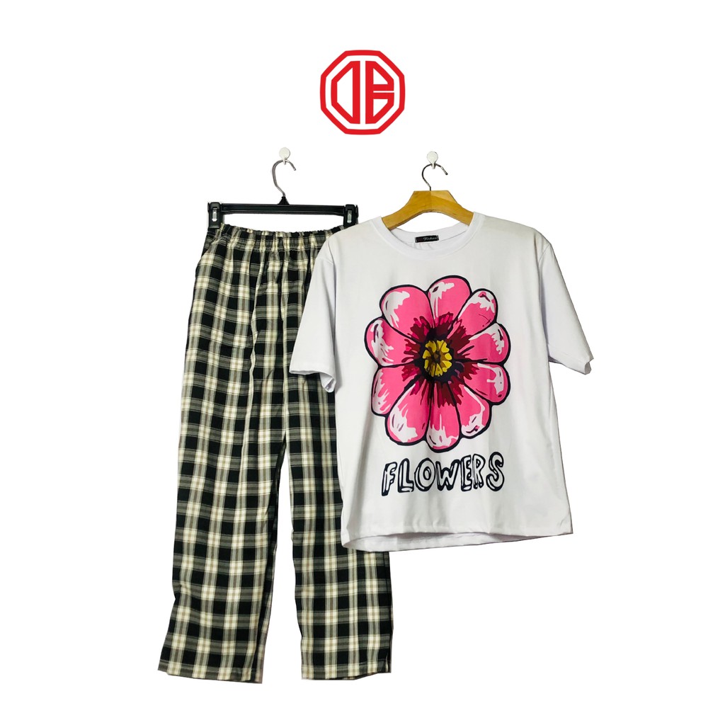 SET BỘ CARO-Quần caro đen, áo thun hoạt hình_DB GU STORE